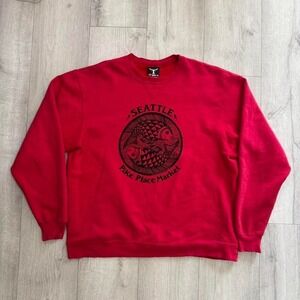 Seattle Pike Place Market Red Crewneck Sweatshirt Graphic Pullover L